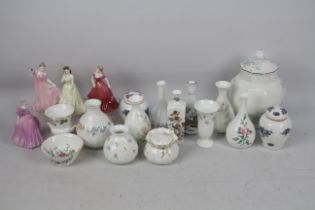 Lot to include four small Coalport lady figures, largest approximately 13 cm (h), various vases,