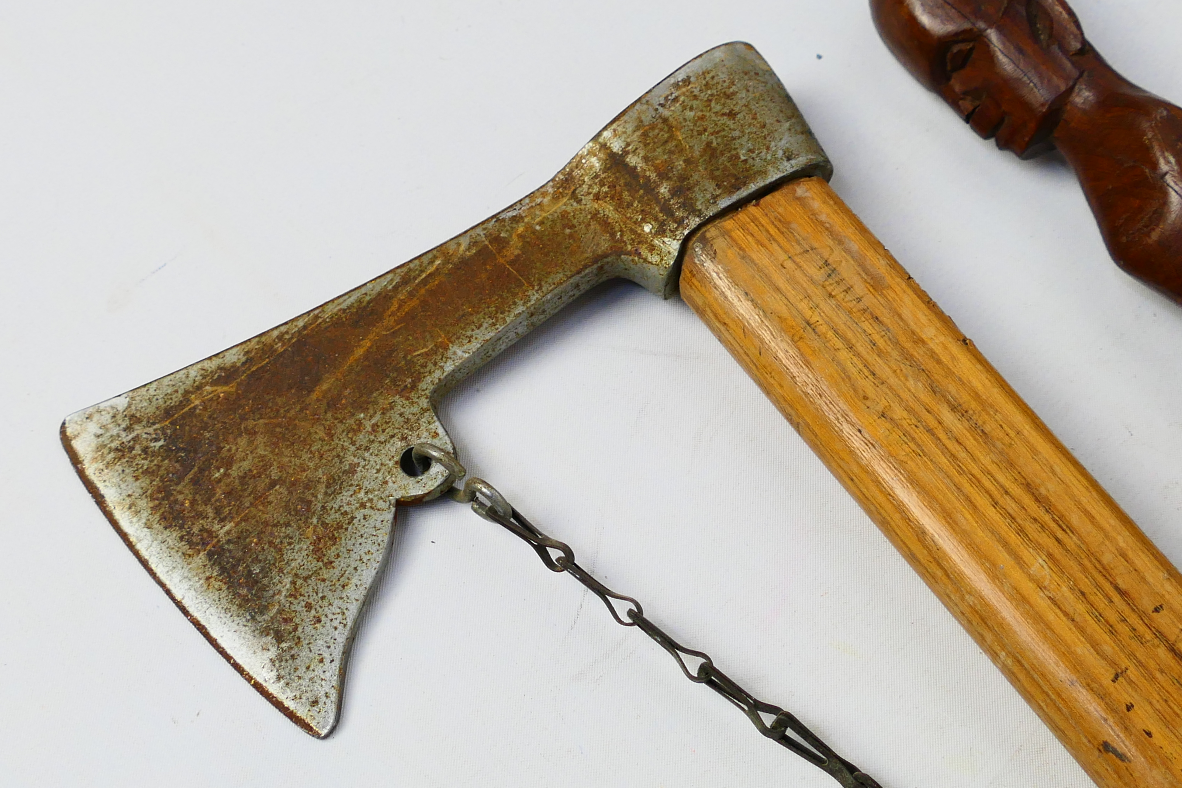 An axe with 79 cm (l) haft, 16 cm head, African tribal stick and a copper mounted walking stick. - Image 3 of 12