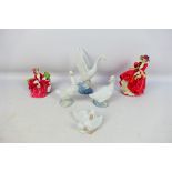 Four Nao bird studies and two Royal Doulton lady figures, largest approximately 21 cm (h).