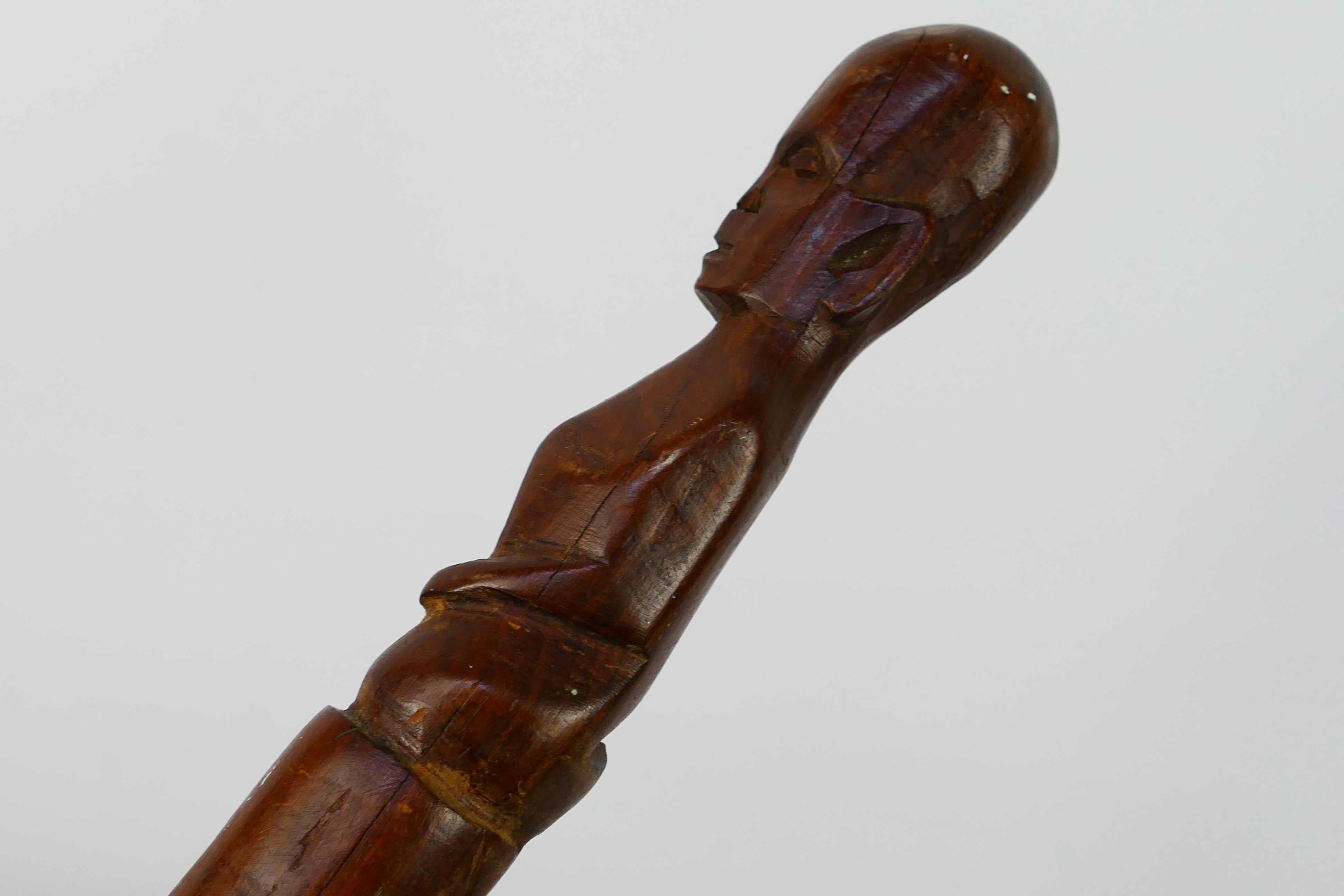 An axe with 79 cm (l) haft, 16 cm head, African tribal stick and a copper mounted walking stick. - Image 8 of 12