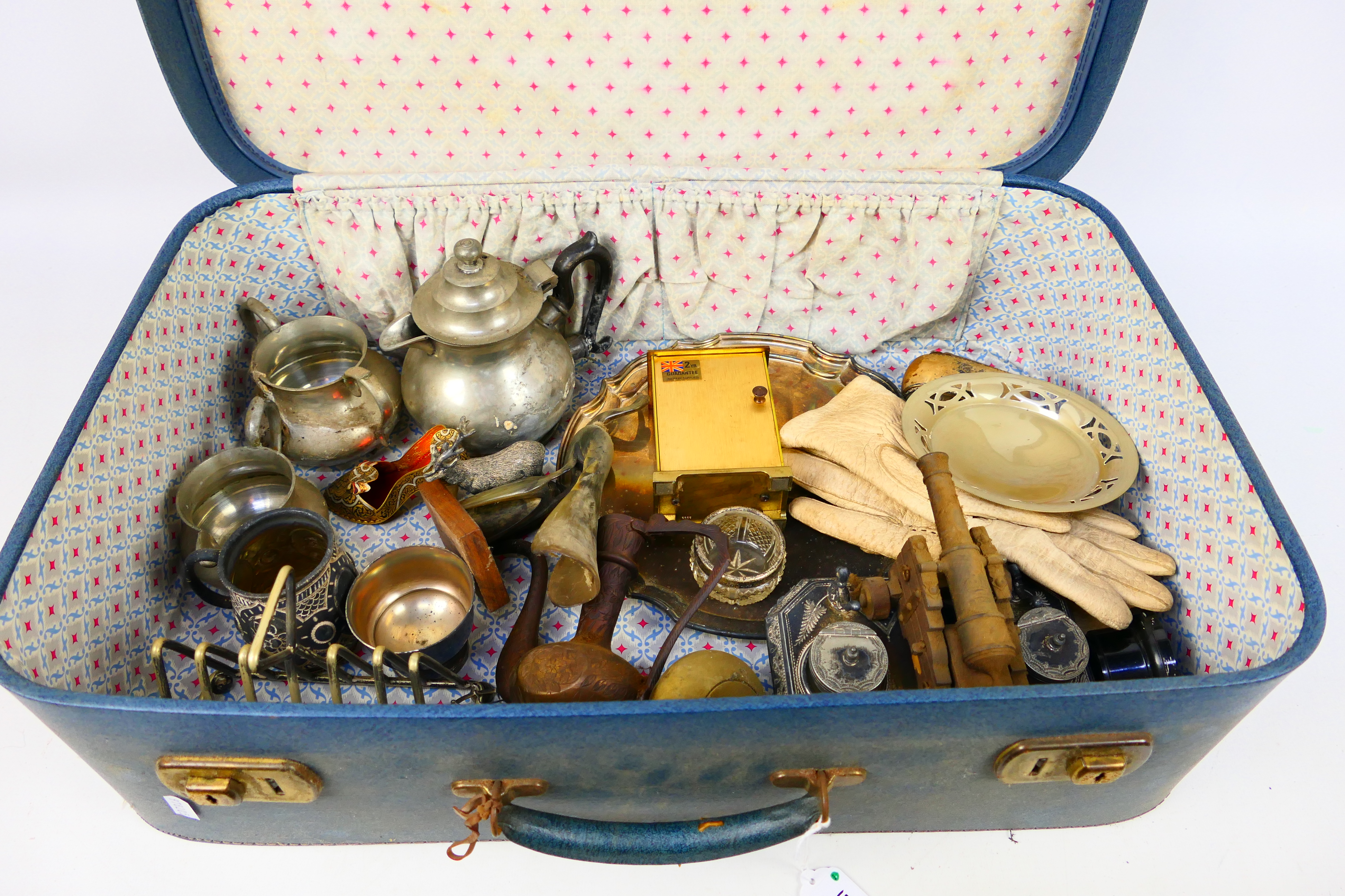 Mixed collectables to include plated ware, other metal wares, clock, desk cannon model,