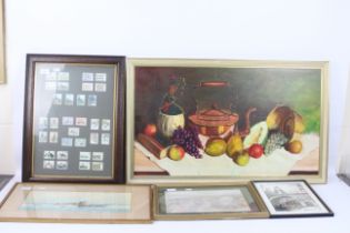 5 x framed paintings, prints, framed stamps.