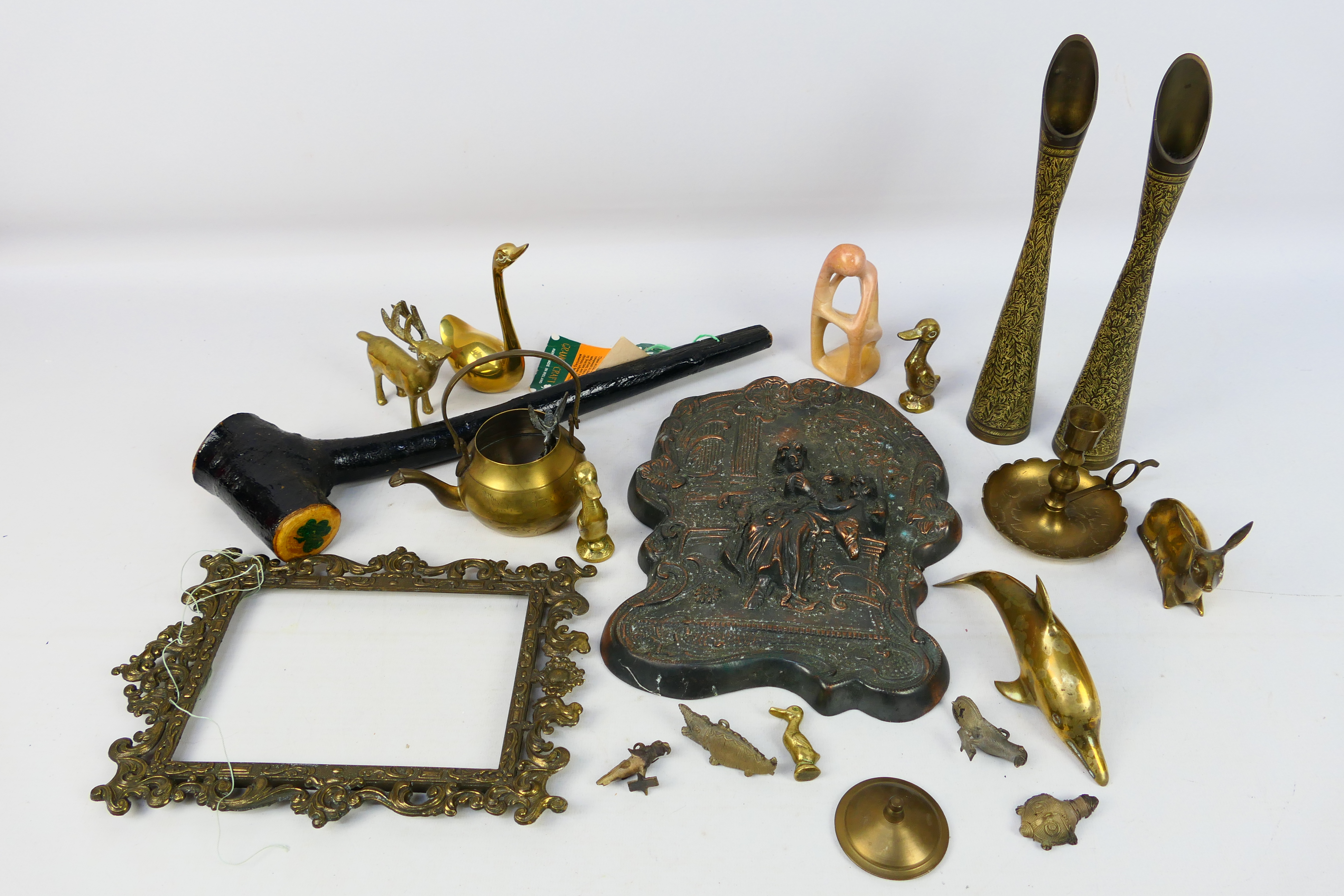 Lot to include brassware, tinned copper plaque, shillelagh and other.