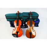 Two violins comprising a Stentor Student ST and a Stentor Student I, both contained in carry cases.