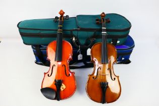 Two violins comprising a Stentor Student ST and a Stentor Student I, both contained in carry cases.