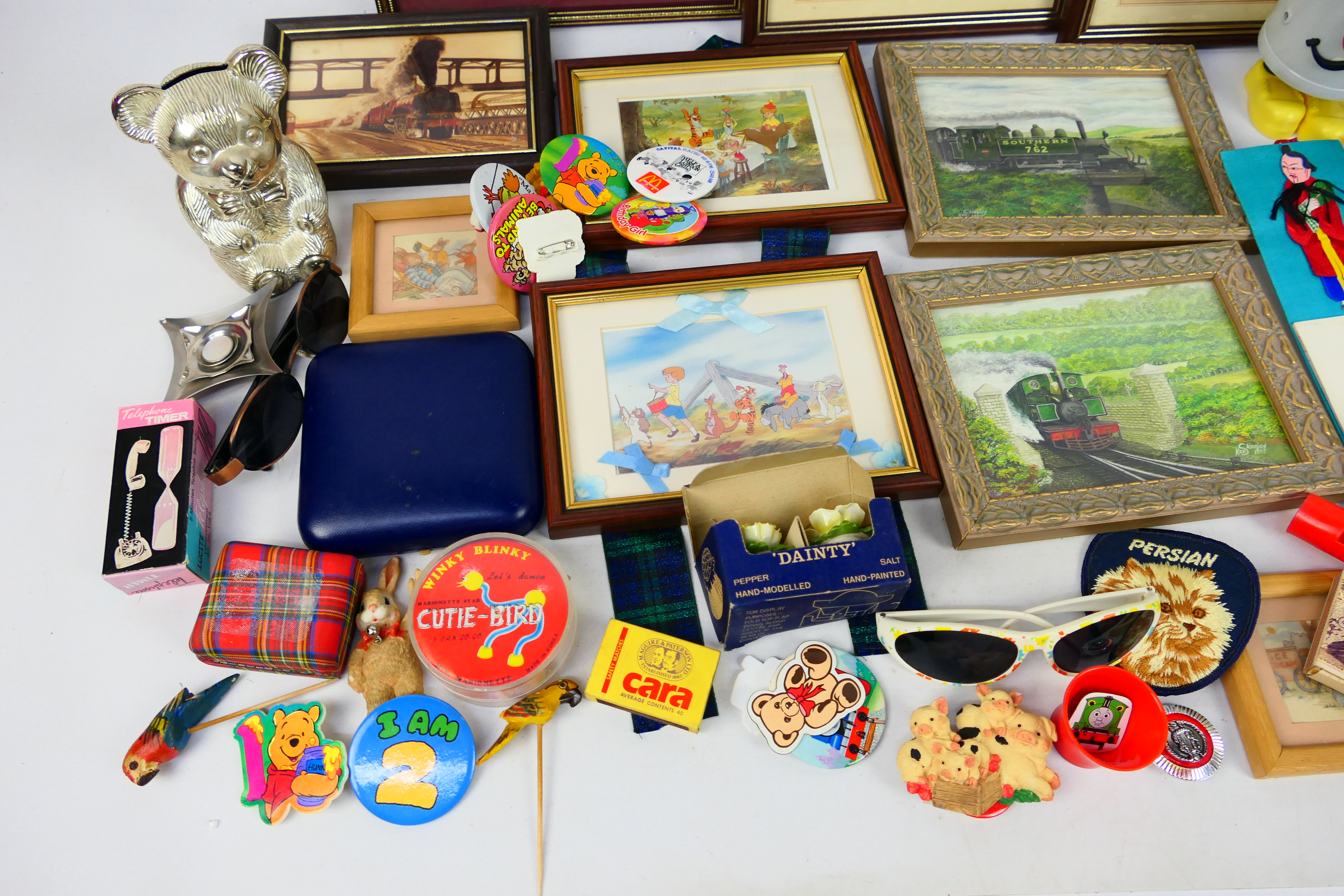 Lot to include framed pictures, badges, kaleidoscope, Dusty Bin model and other. - Image 4 of 5