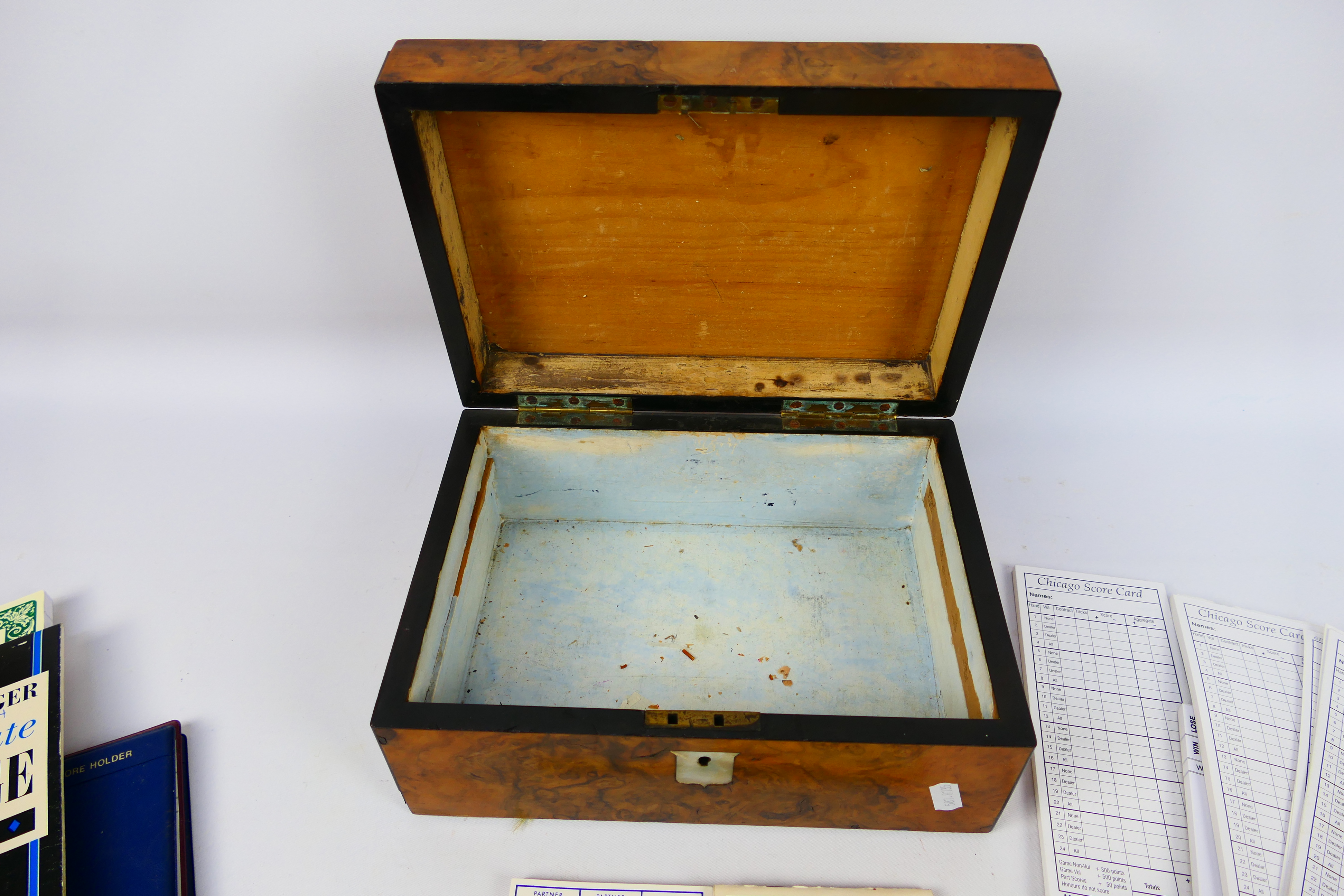 A wooden box containing bridge score cards and similar to include a set of four propelling pencils - Image 10 of 10