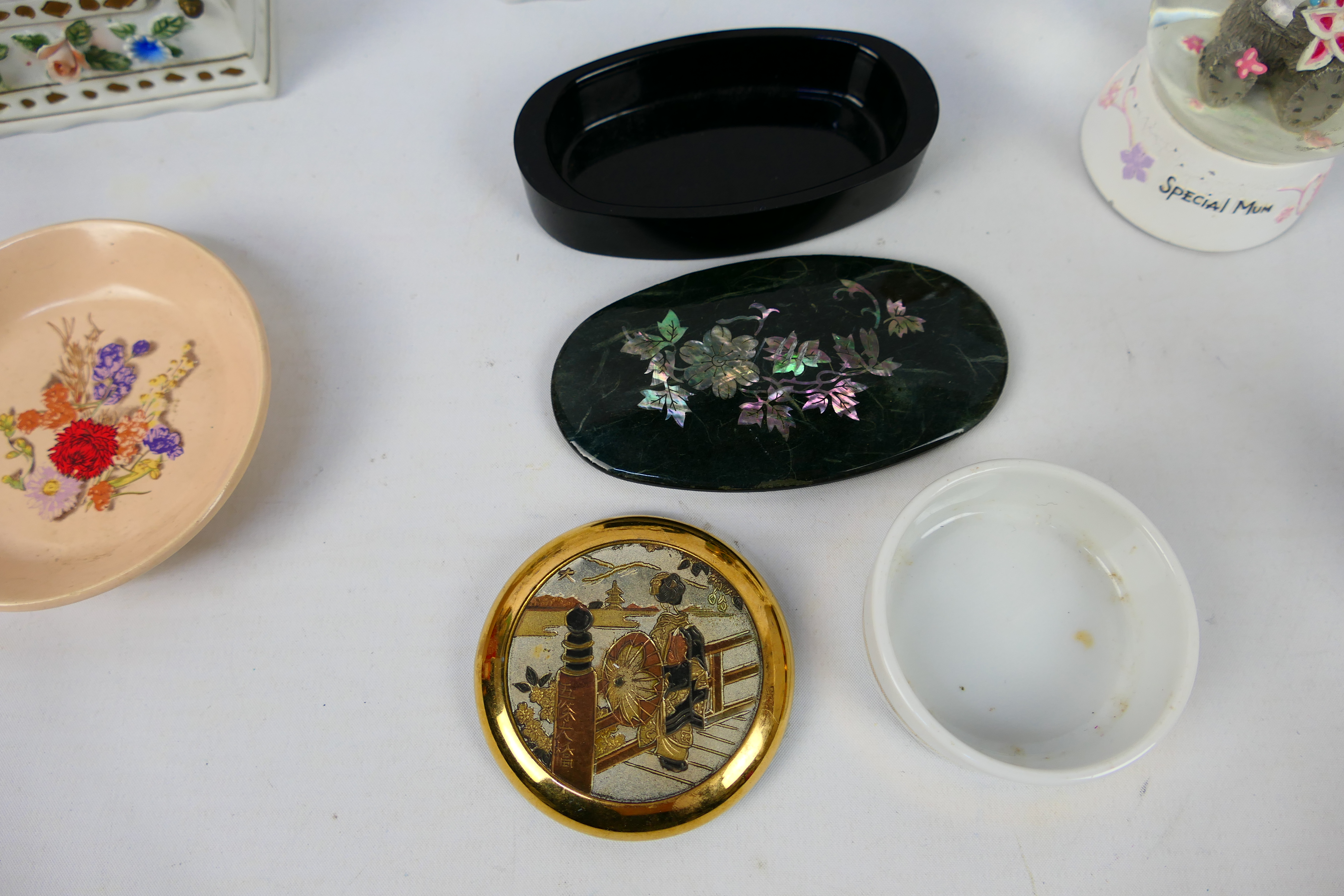 A group of ceramics and glassware. Lot includes an Asian decorative trinket box. A German mug. - Image 2 of 4