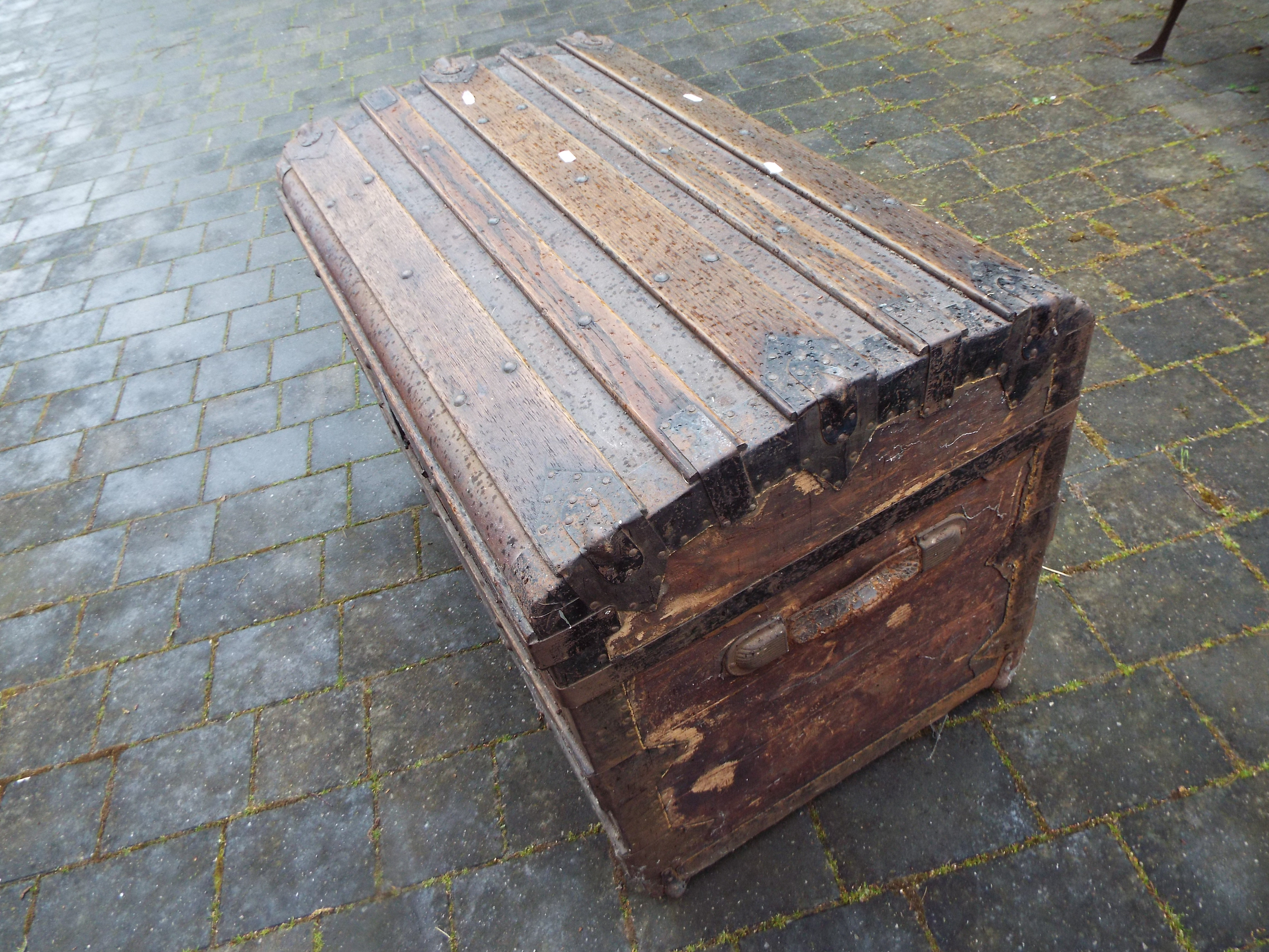 A late 19th/early 20thC domed top trunk with wooden slats, - Image 2 of 5