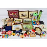 Lot to include framed pictures, badges, kaleidoscope, Dusty Bin model and other.