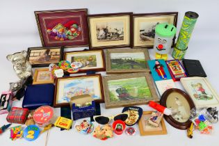 Lot to include framed pictures, badges, kaleidoscope, Dusty Bin model and other.