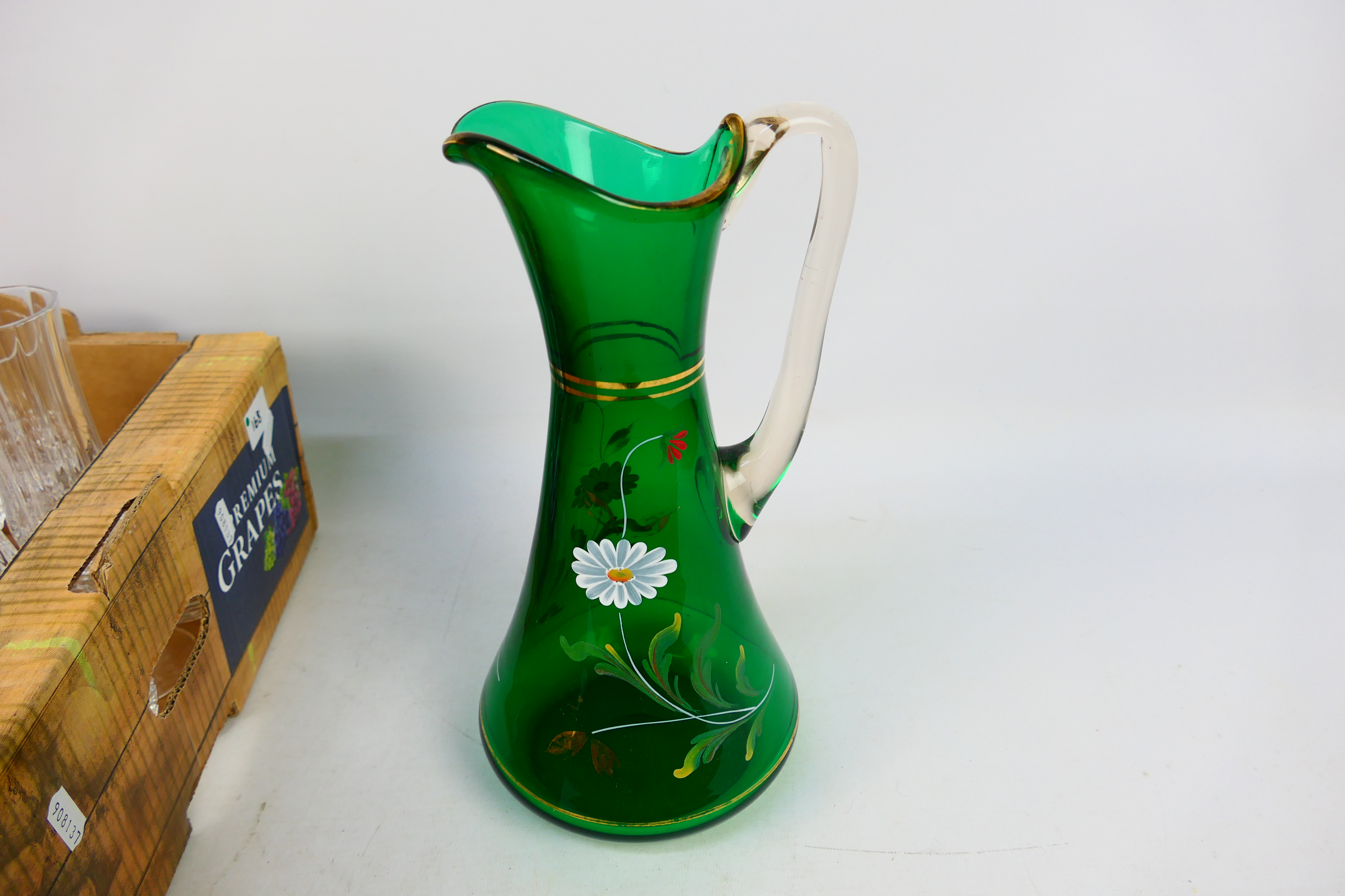 A collection of crystal glassware and a green glass jug with hand painted floral decoration. - Image 4 of 4