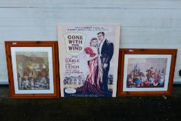 Two framed prints depicting Teddy bears and a large print on canvas film poster Gone With The Wind,