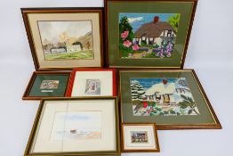 A collection of framed pictures to include embroideries, watercolours and other,