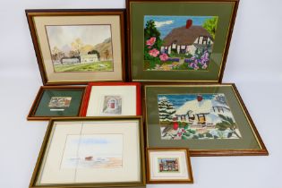 A collection of framed pictures to include embroideries, watercolours and other,