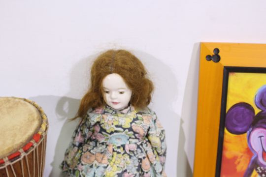 A mixed lot to include 2 x wooden and ceramic drums. An unknown maker porcelain doll. - Image 4 of 5