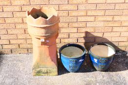 A chimney pot and 2 x dark blue ceramic