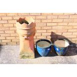 A chimney pot and 2 x dark blue ceramic