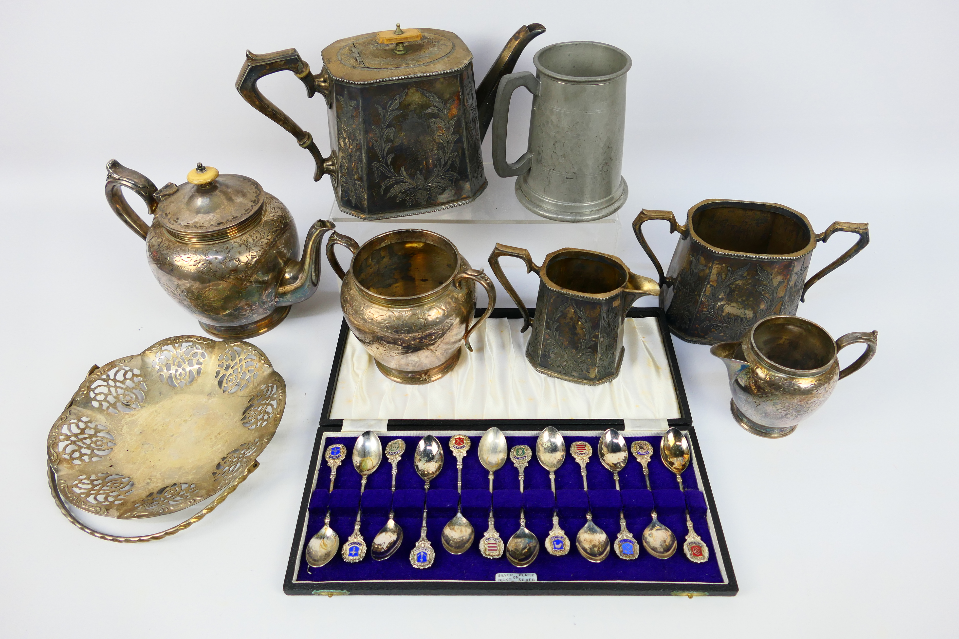 A collection of metal ware comprising plated and pewter, part cased.