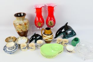 Mixed ceramics and glassware to include Poole Pottery dolphin figures, West German vase,