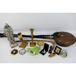 A mixed lot comprising brass candlestick, embroidery miniatures, plaster Madonna and Child,