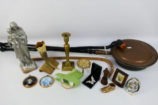 A mixed lot comprising brass candlestick, embroidery miniatures, plaster Madonna and Child,