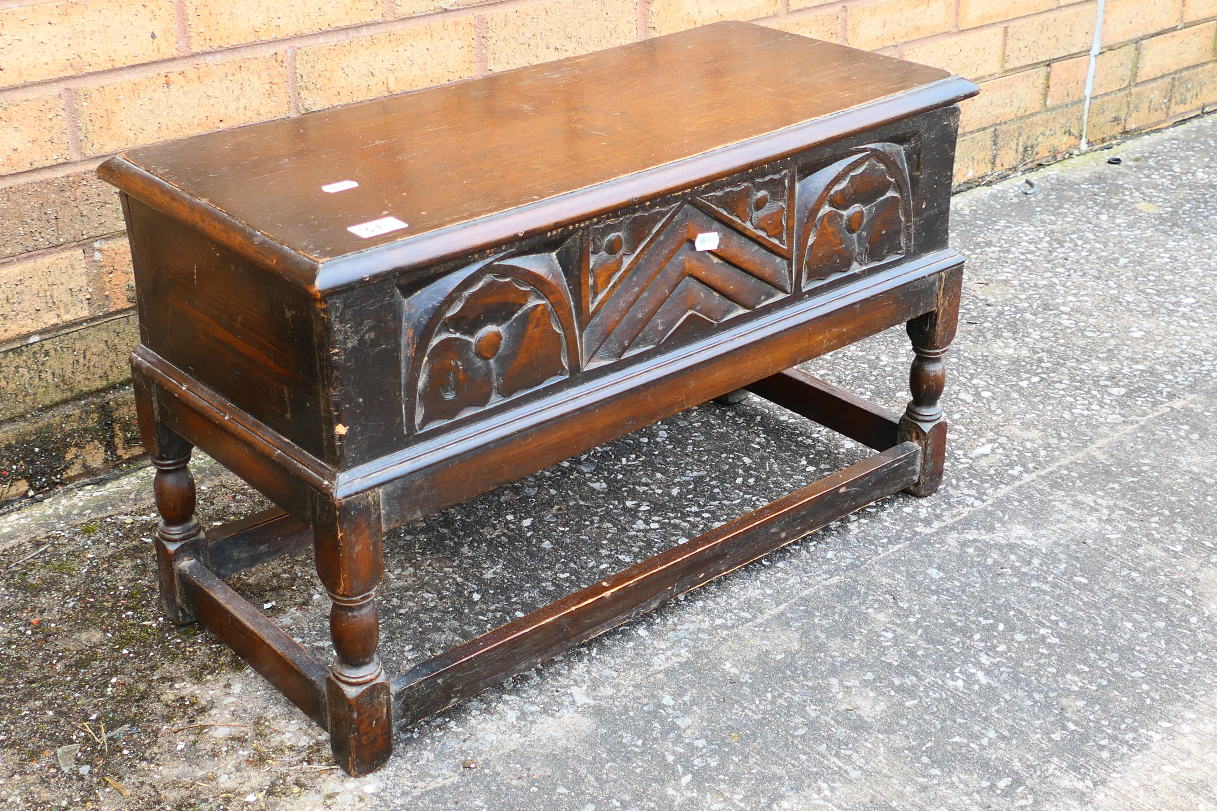 An antique sewing box stool with carved decoration to the front and all round stretcher, - Image 2 of 5