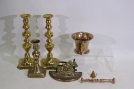 Brass ware to include 3 x candle holders