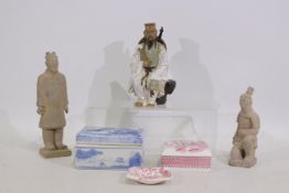 3 x Asian figures, 2 x ceramic Asian tri