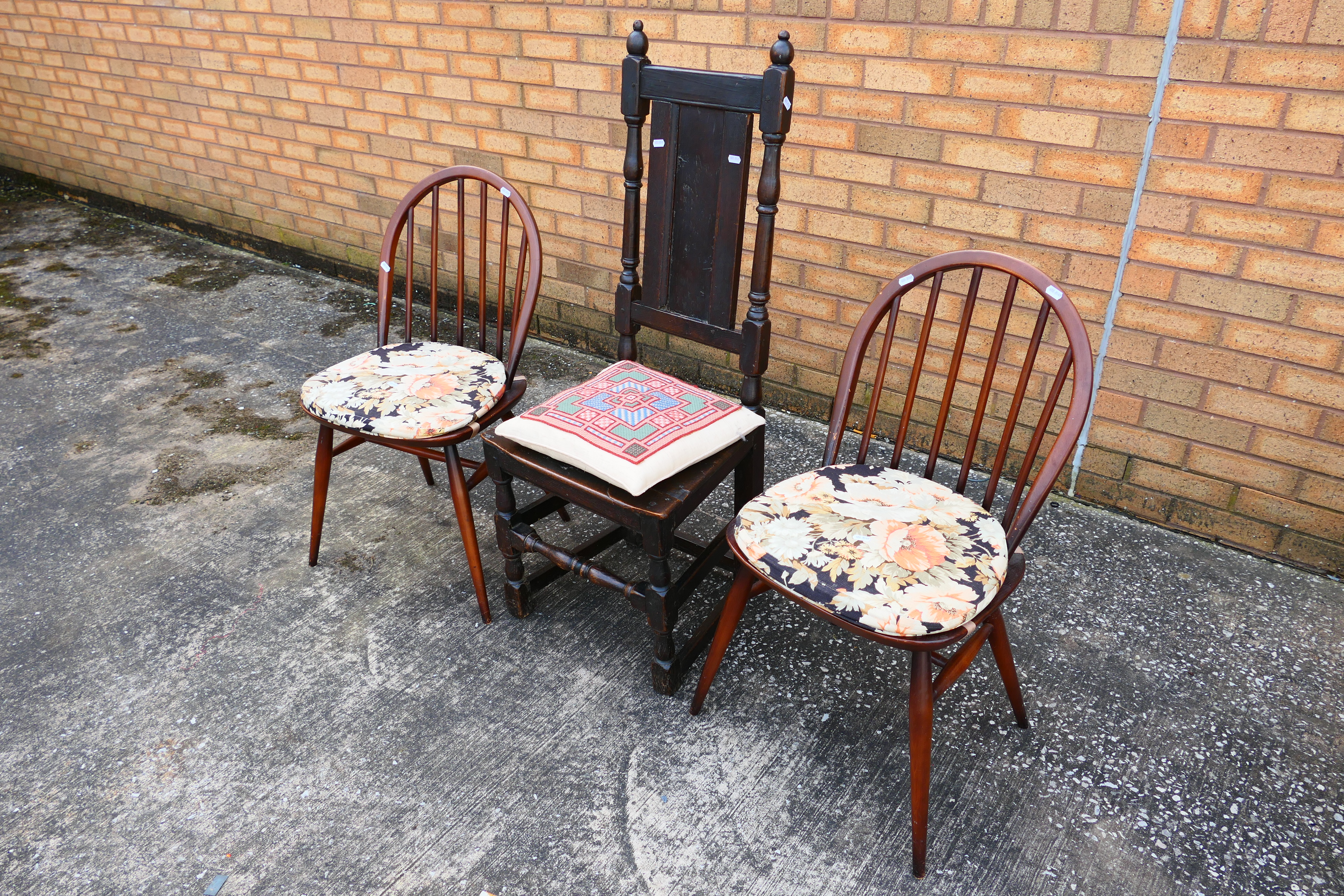 A pair of Ercol Windsor dining chairs and an antique oak side chair. [3]. - Image 2 of 3
