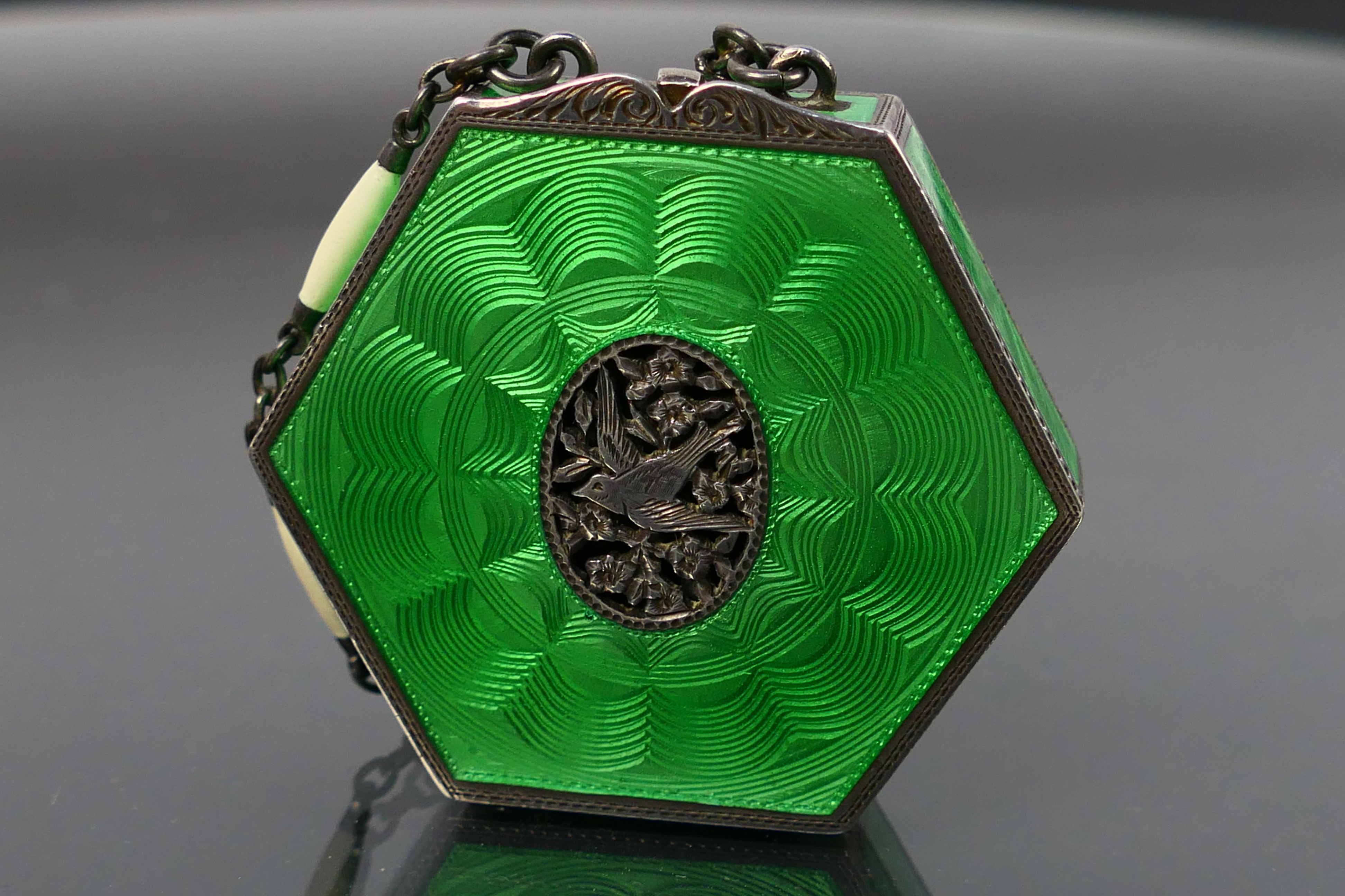 A Sterling Silver and guilloche enamel hexagonal powder compact with green enamel on all sides and - Image 2 of 12