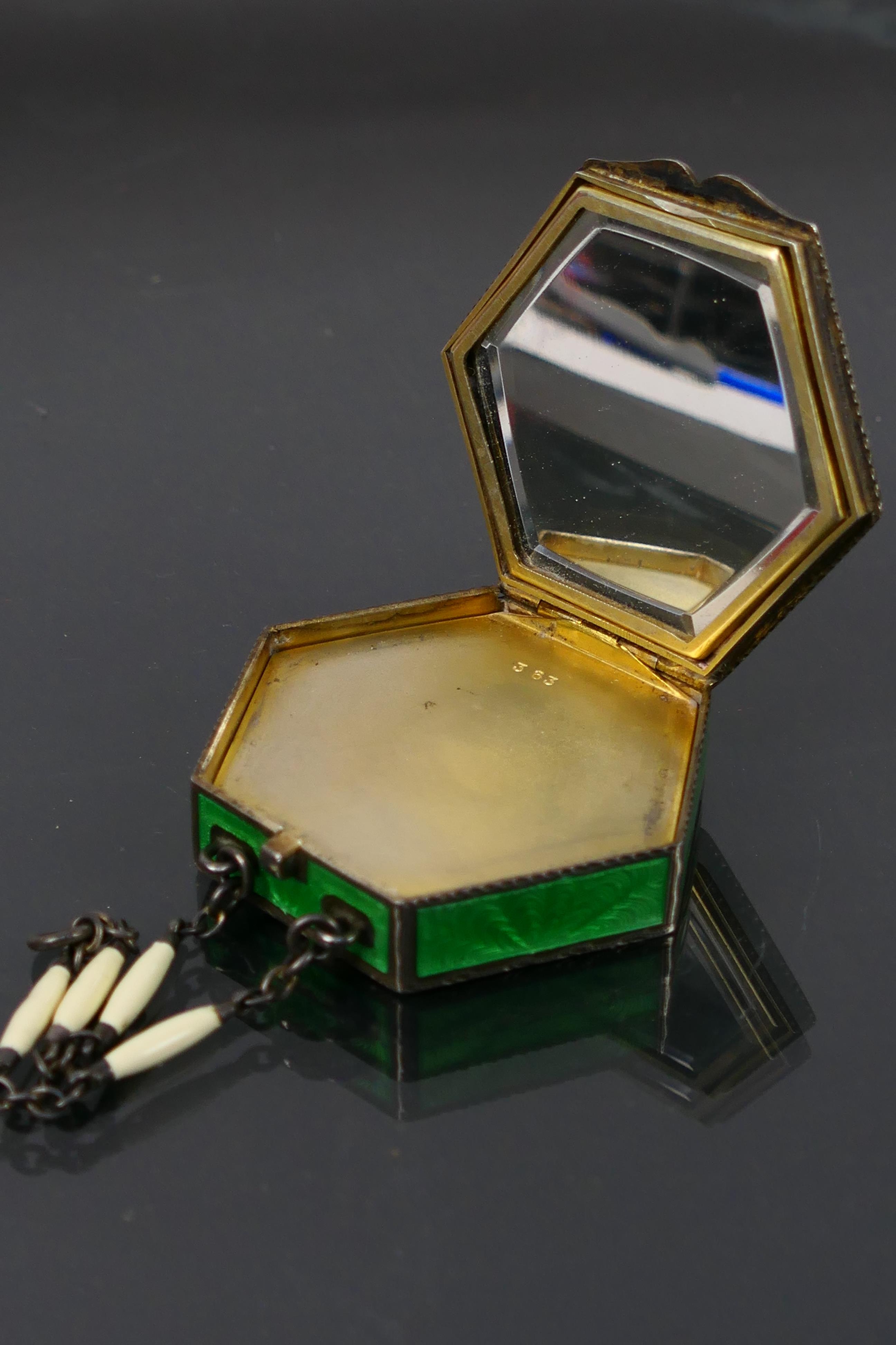 A Sterling Silver and guilloche enamel hexagonal powder compact with green enamel on all sides and - Image 7 of 12