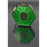 A Sterling Silver and guilloche enamel hexagonal powder compact with green enamel on all sides and