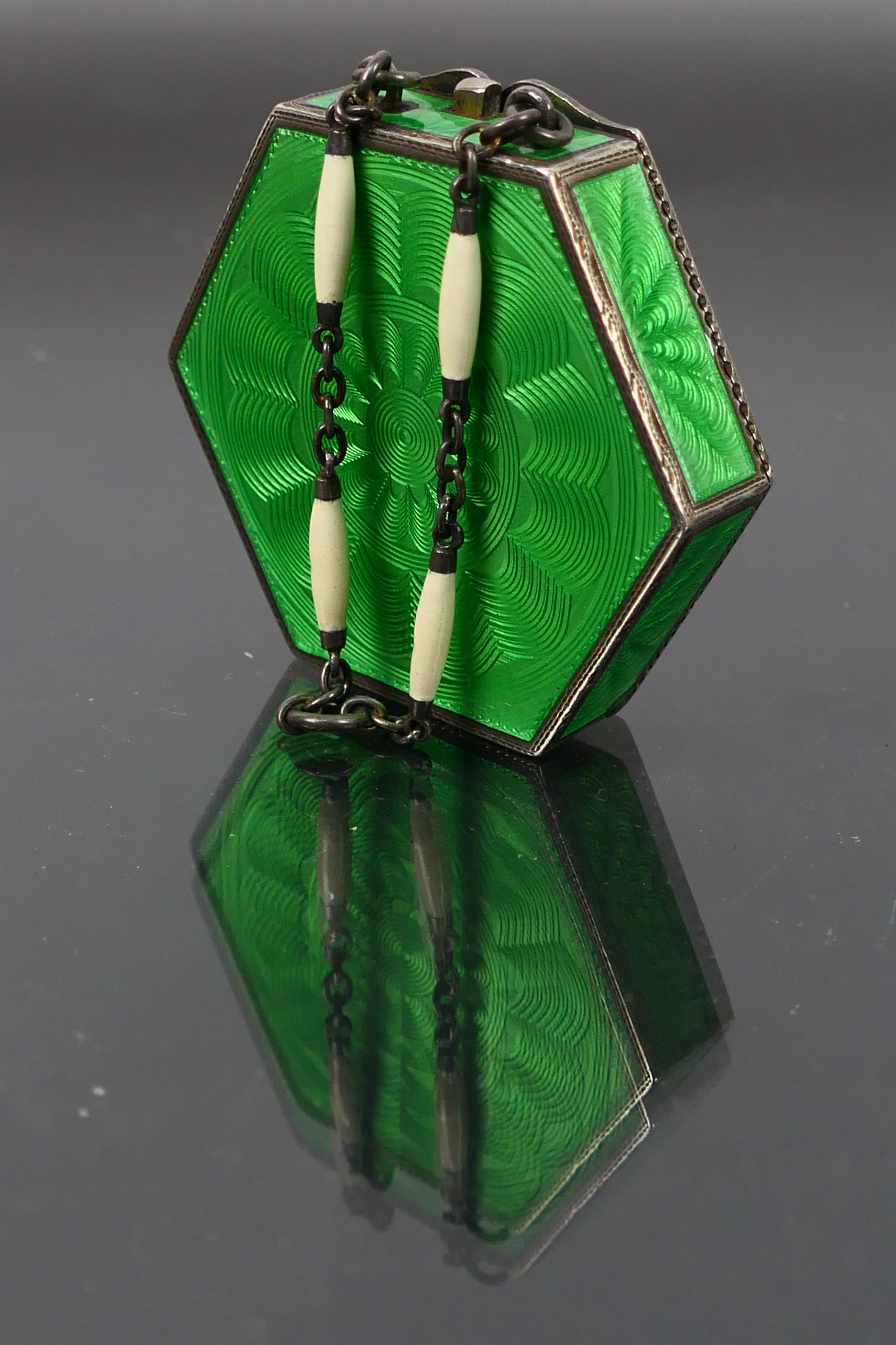 A Sterling Silver and guilloche enamel hexagonal powder compact with green enamel on all sides and - Image 4 of 12