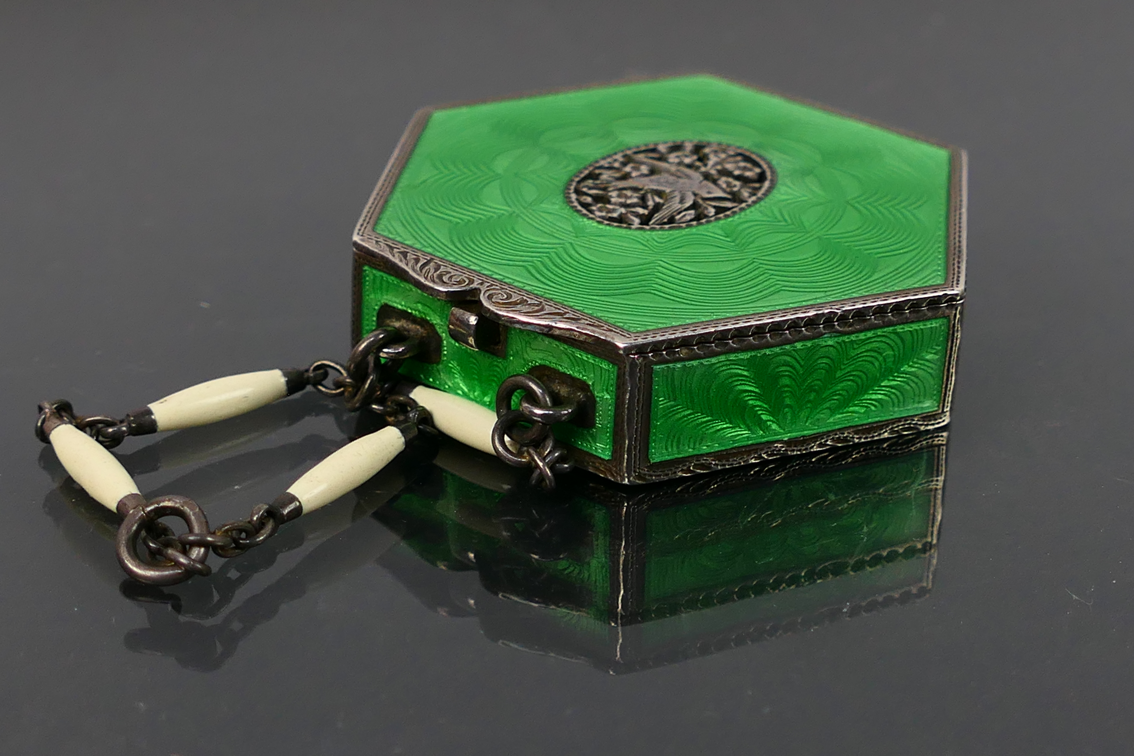 A Sterling Silver and guilloche enamel hexagonal powder compact with green enamel on all sides and - Image 6 of 12