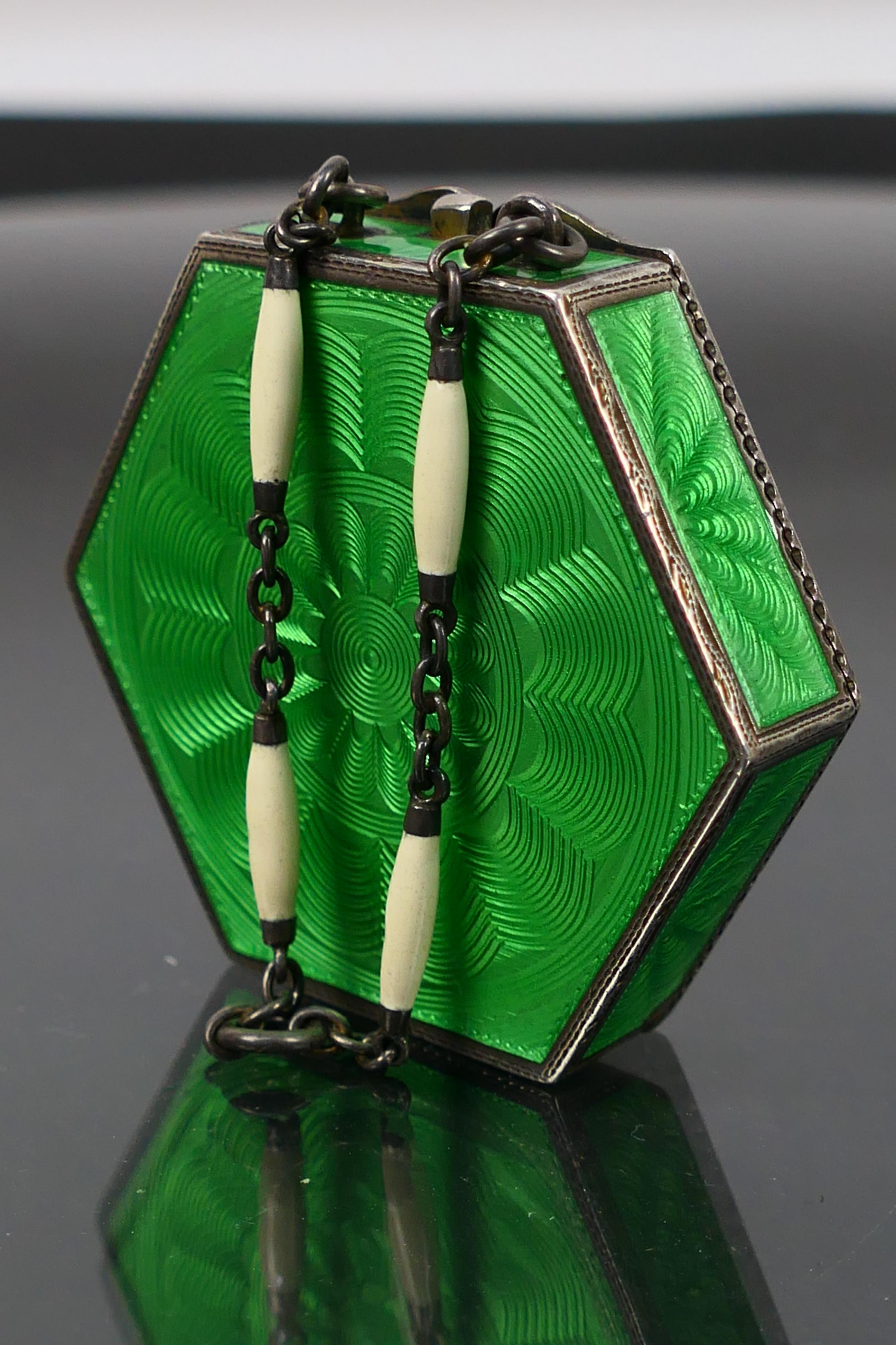 A Sterling Silver and guilloche enamel hexagonal powder compact with green enamel on all sides and - Image 5 of 12