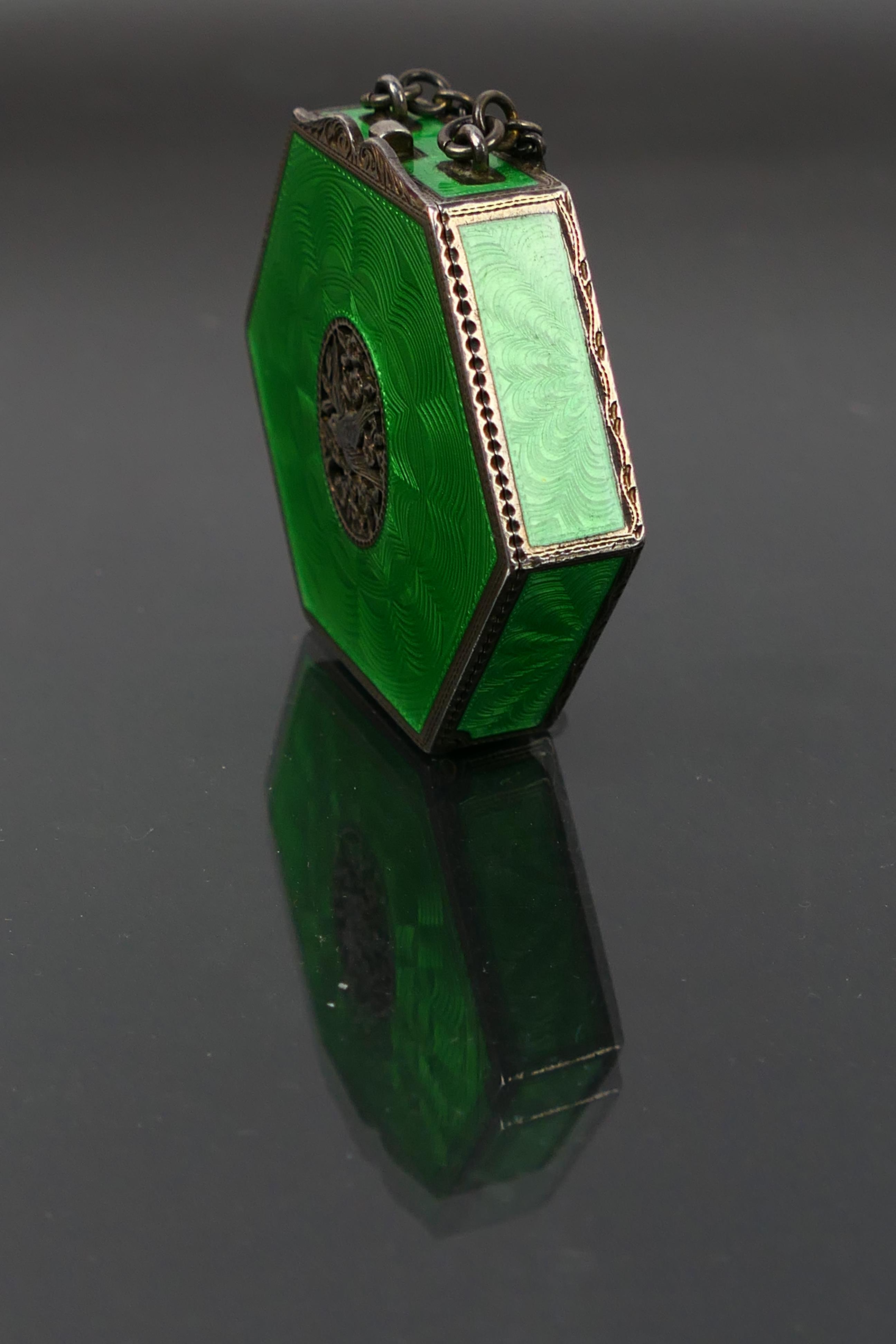 A Sterling Silver and guilloche enamel hexagonal powder compact with green enamel on all sides and - Image 3 of 12