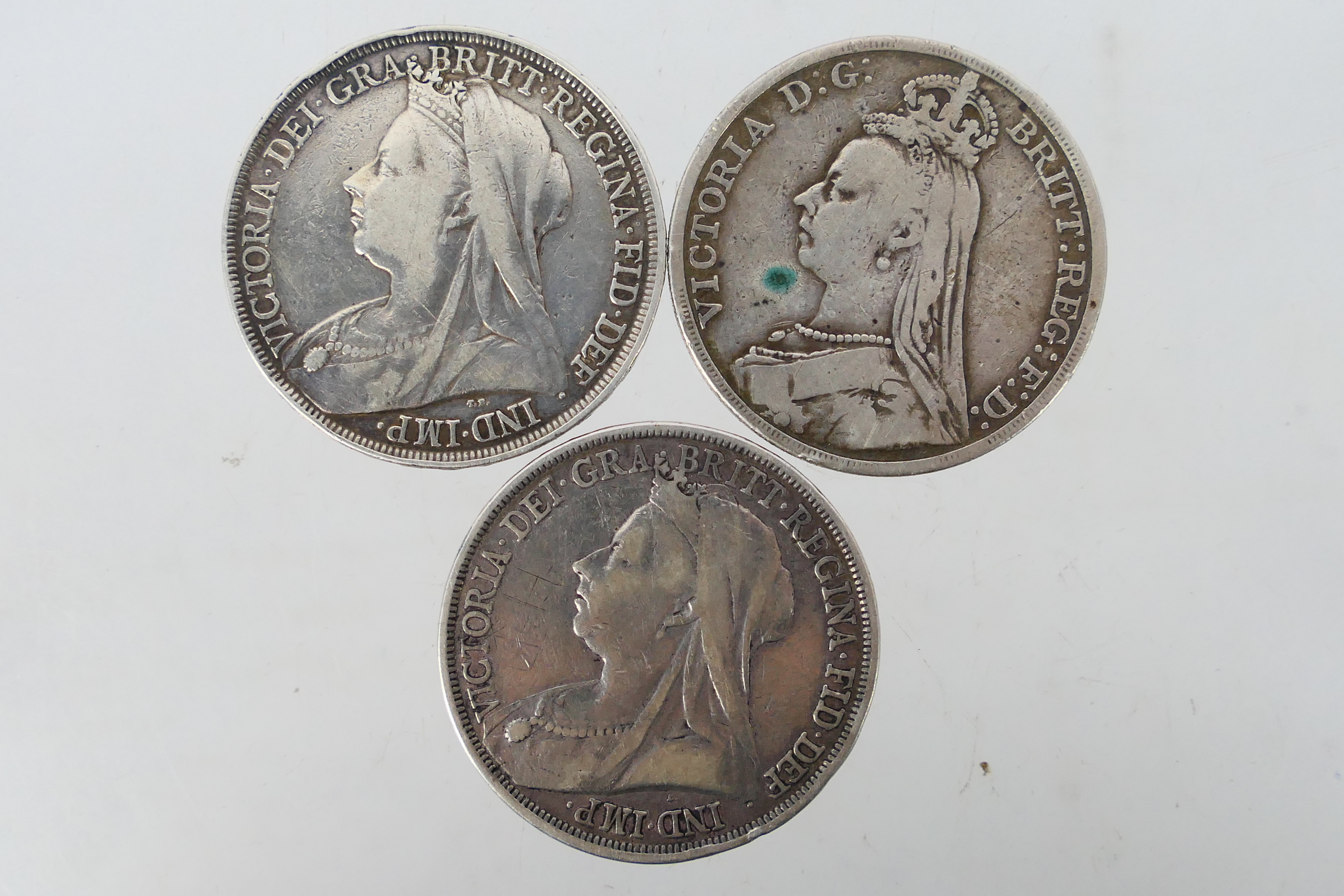 Three Victorian silver Crown coins comprising 1892, 1893 and 1895, 83 grams.