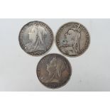 Three Victorian silver Crown coins comprising 1892, 1893 and 1895, 83 grams.