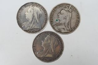 Three Victorian silver Crown coins comprising 1892, 1893 and 1895, 83 grams.