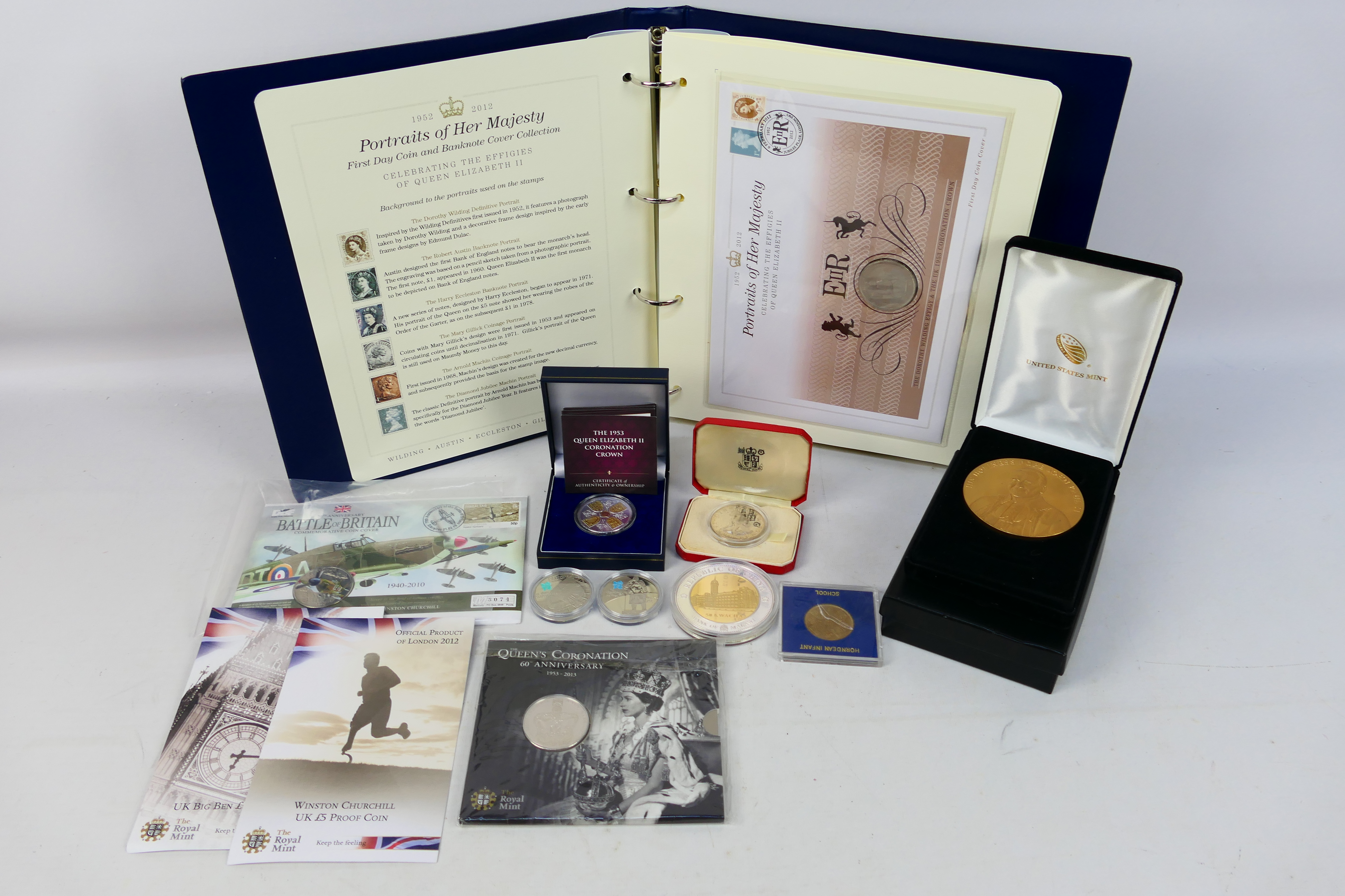 A limited edition Westminster Portraits Of Her Majesty First Day Coin And Banknote Cover Collection,