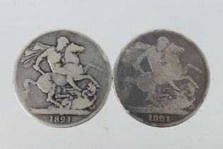 Two George IV silver crown coins, both 1