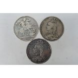 Three Victorian silver crown coins compr