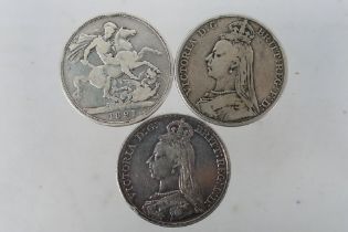 Three Victorian silver crown coins compr