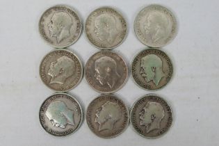 Nine George V sterling silver Half Crown