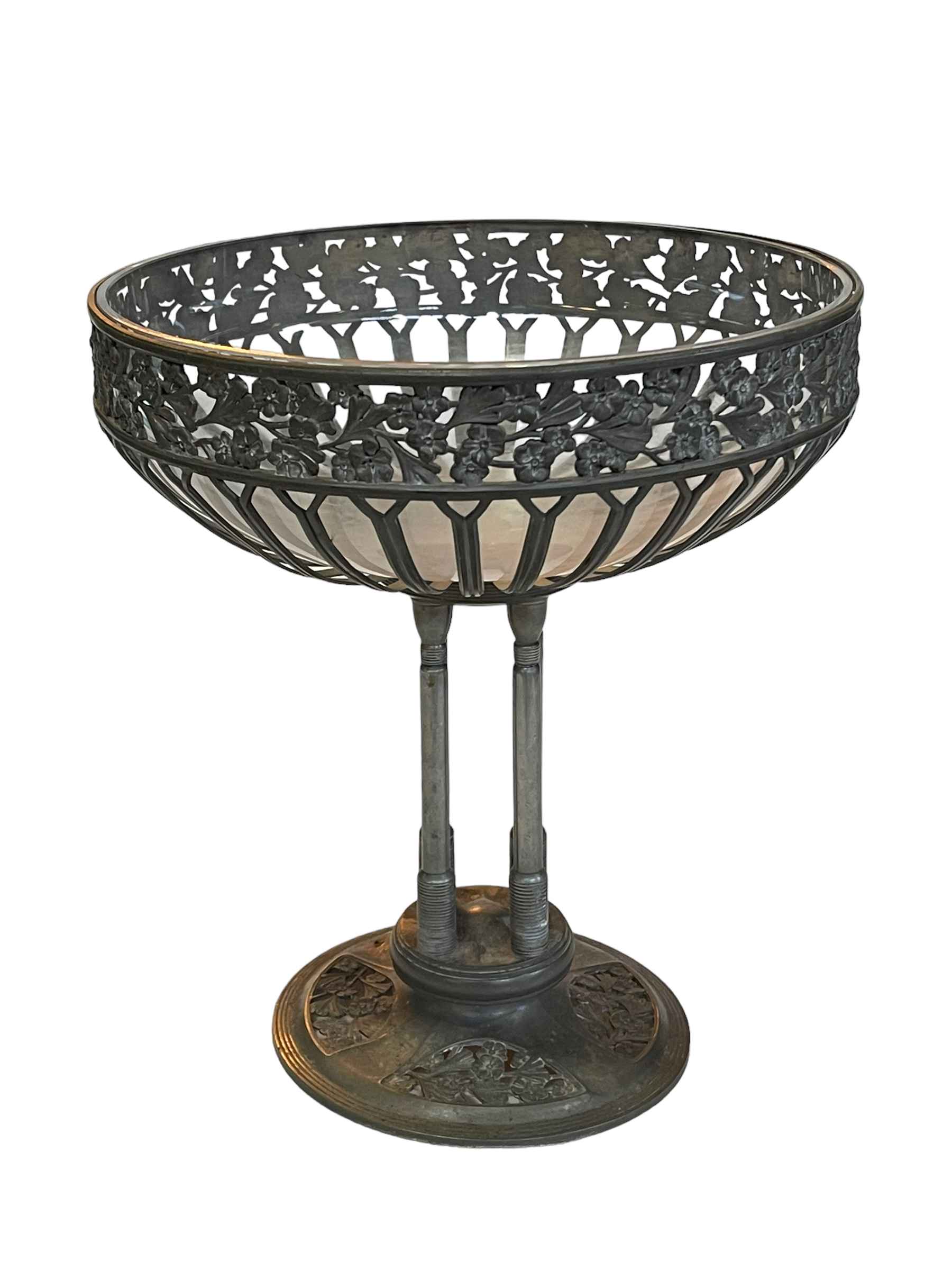 Ornate pewter and glass table centrepiece, 29cm.