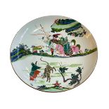 Chinese Famille Rose 'Water Margins' large dish, Qing Dynasty with six character mark to base,