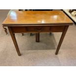 19th Century mahogany and chequer inlaid fold top tea table having frieze drawer and on square