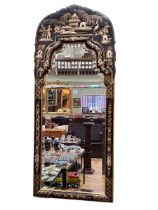 Black lacquer and chinoiserie painted frame two panel bevelled wall mirror, 147cm by 61.5cm.