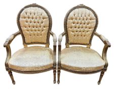 Pair French style gilt framed fauteuils.